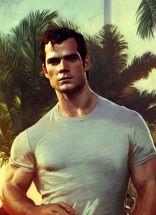 Image similar to portrait of henry cavill as james bond, key art, palm trees, vintage aston martin, highly detailed, digital painting, artstation, concept art, cinematic lighting, sharp focus, illustration, by gaston bussiere alphonse mucha