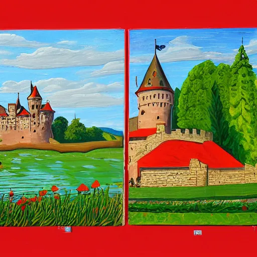 Prompt: a painting of a castle with a red roof, banners flying from the turrets, a green countryside and a stone arch bridge over it, diptych, traditional folk art painting on wood, traditional narrowboat painting on wooden panels