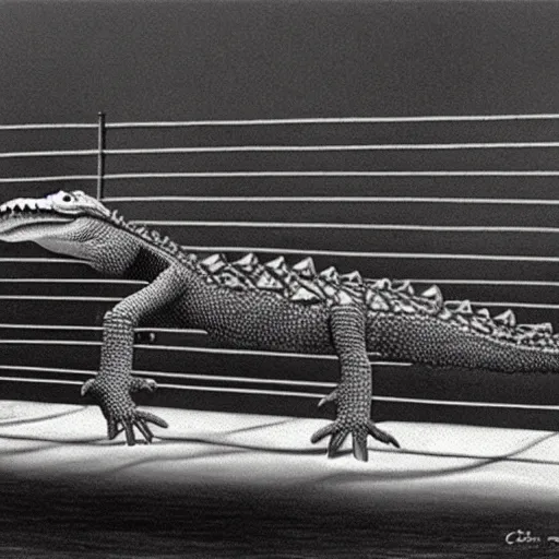 Image similar to an alligator in a fencing duel with a crocodile, highly detailed, 4K, by Chris van Allsburg