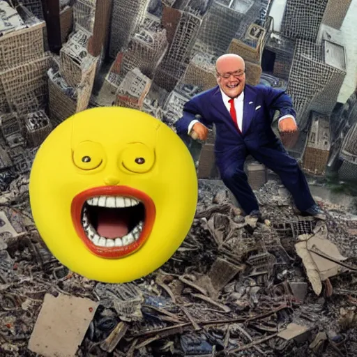 Image similar to a hyper detailed realistic color photograph of Rudy Giuliani laughing maniacally wearing a yellow speedo squatting acting sensually and acting inappropriately on top of the world trade center rubble pile