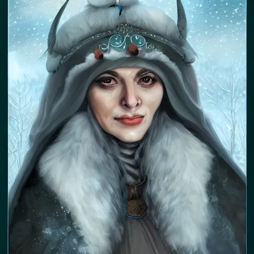 Image similar to auril, goddess of winter, owl faced crone, digital art, trending on artstation, portrait