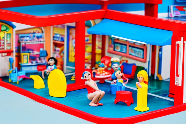 Image similar to fisher price bathhouse, california scene from tv show hyper detailed 5 5 mm 8 5 mm, toy photography, made out of plastic
