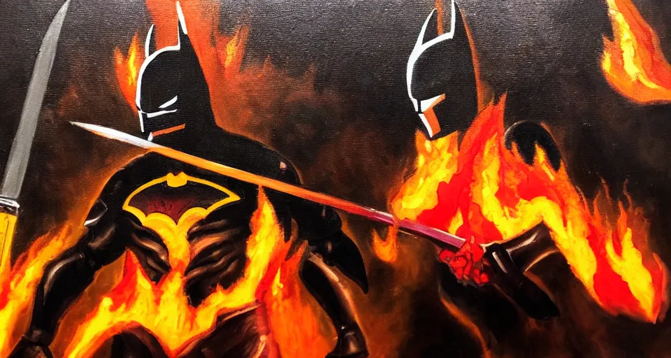 Image similar to An oil painting of a dark knight wielding a flaming sword