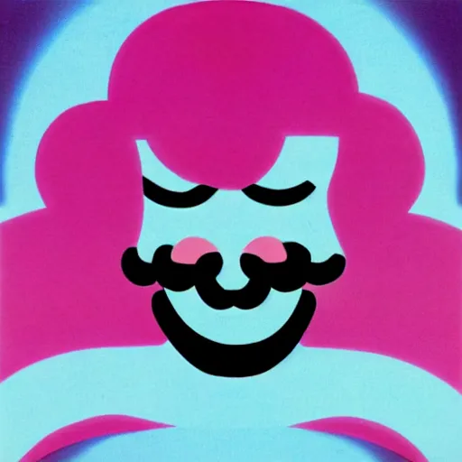 Image similar to 8 0 s new age album cover depicting a fluffy pink cloud in the shape of waluigi, very peaceful mood