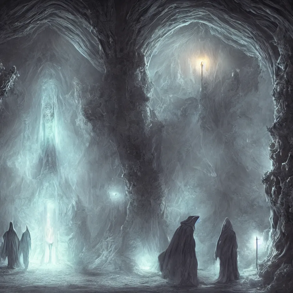 Image similar to high drama, distant hooded figures, hdr, glowing luminescent invocations, diffuse magic catacombs, movie still, intricate highly detailed mystical prisms, fully photorealistic, artstation, beautiful concept art, smoothened, sharp luminescent focus, nd 6, sony fx 6