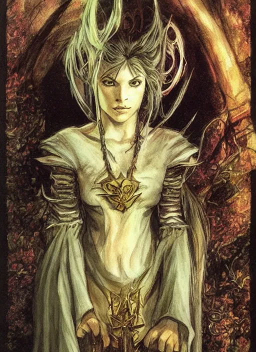 Prompt: portrait of young female sorceress of the endtimes, beautiful! coherent! dungeons and dragons character, by brian froud, strong line, night color, high contrast