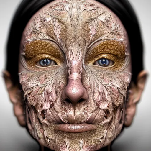 Prompt: beatifull face portrait of a woman, 150 mm, anatomical, flesh, flowers, mandelbrot fractal, facial muscles, veins, arteries, intricate, golden ratio, full frame, microscopic, elegant, highly detailed, ornate, ornament, sculpture, elegant , luxury, beautifully lit, ray trace, octane render in the style of peter Gric , alex grey and Romero Ressendi