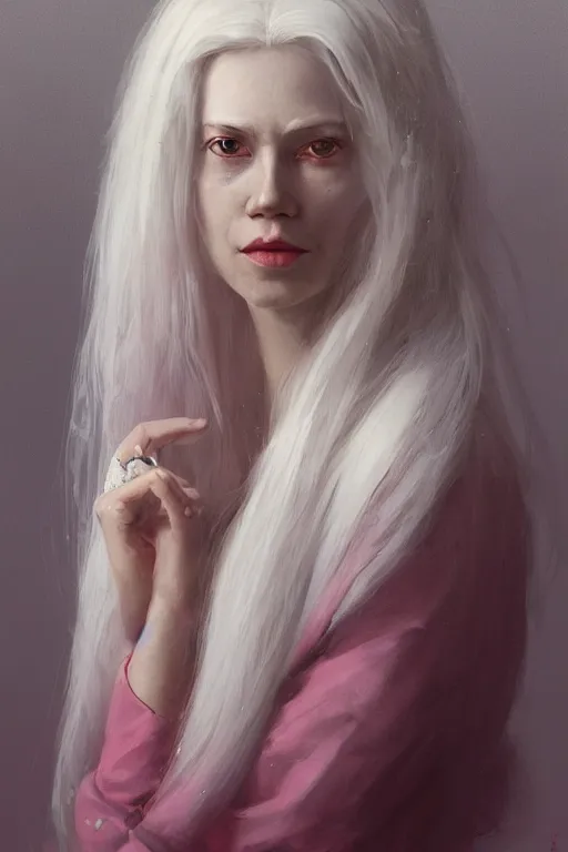 Prompt: a fancy portrait a happy and beautiful women with long white hair and deep pink eye colour by greg rutkowski, sung choi, mitchell mohrhauser, maciej kuciara, johnson ting, maxim verehin, peter konig, 8 k photorealistic, cinematic lighting, hd, high details, dramatic, atmosphereric, trending on artstation