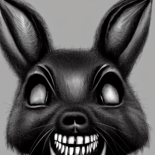 Image similar to A extremely highly detailed majestic hi-res beautiful, highly detailed head and shoulders portrait of a scary terrifying, horrifying, creepy black cartoon rabbit with scary big eyes, earing a shirt laughing, hey buddy, let's be friends, in the style of Walt Disney