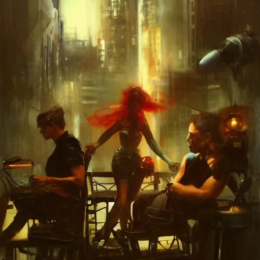 Image similar to neo luddites complaining about new technology by raymond swanland, highly detailed, bright tones