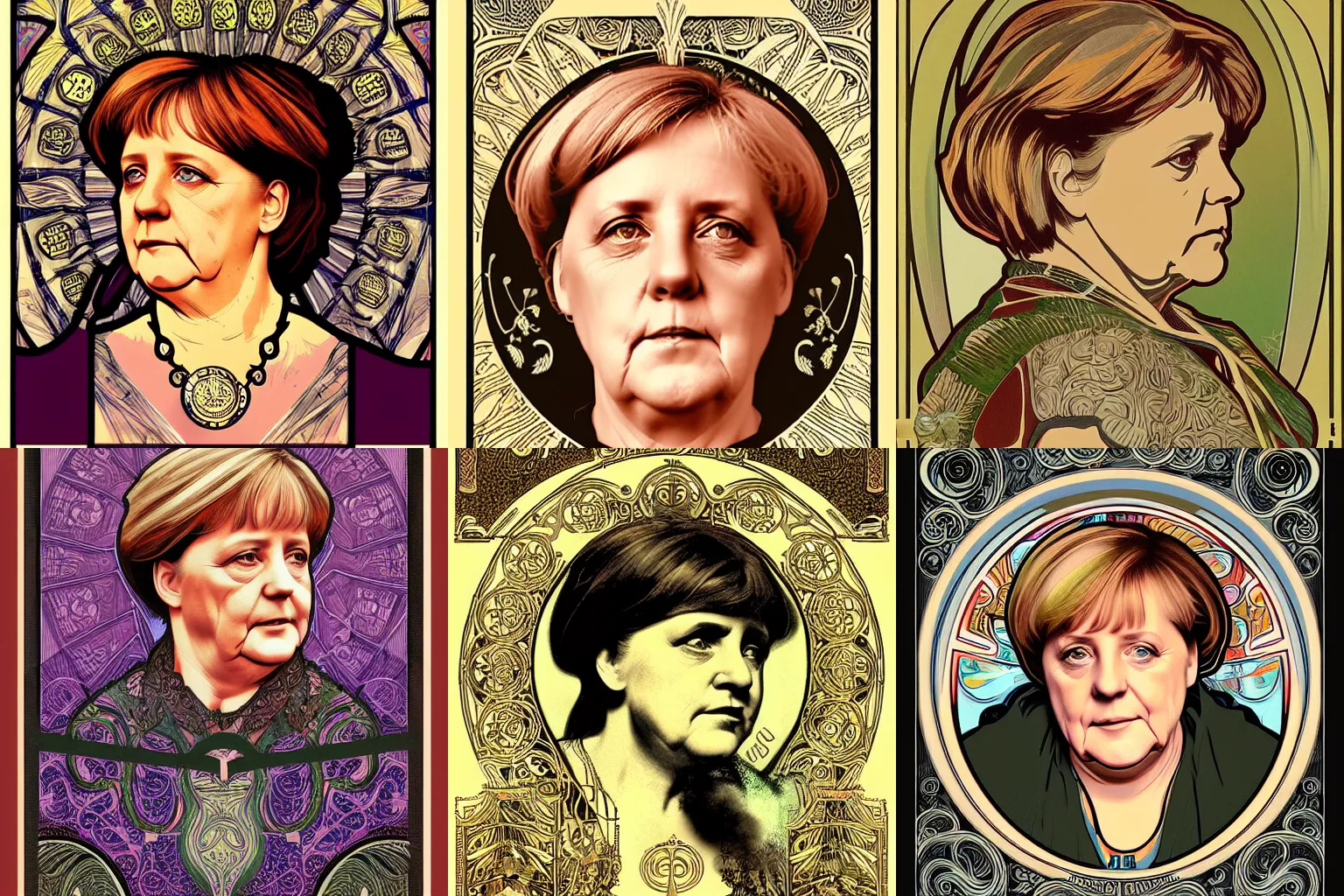 Image similar to an intricate frontal view portrait of Angela Merkel, in the style of Alphonse Mucha, poster art ca. 1900, hyperrealistic face, astonishing, digital art, trending on art station