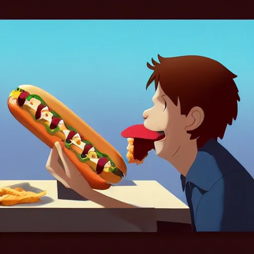 Prompt: a cartoon hot dog eating a burger, by michael whelan and tomer hanuka, by makoto shinkai and thomas kinkade, trending on artstation and unreal engine