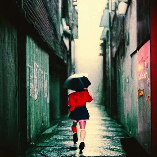 Image similar to 1990s perfect 8K HD professional cinematic photo of close-up japanese schoolgirl running in dystopian alleyway with neon signs, at evening during rain, at instagram, Behance, Adobe Lightroom, with instagram filters, depth of field, taken with polaroid kodak portra