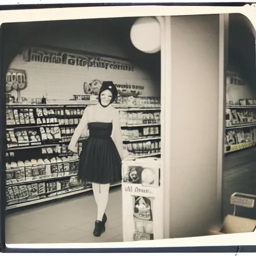 Prompt: a very beautiful old Polaroid picture of a young women inside a supermarket, award winning photography