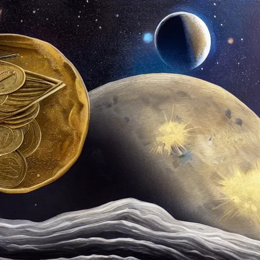 Image similar to a painting of a giant coin landing like a rocket on the surface of the moon