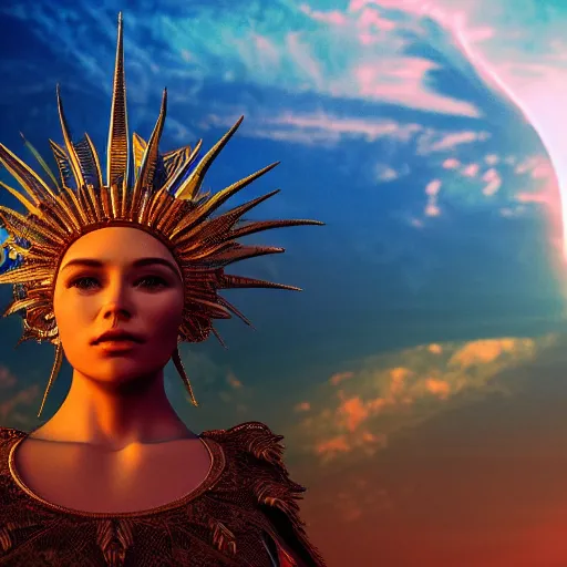 Image similar to queen of the sun, 4 k, intricate, jaw dropping, gorgeous, surreal, octane render