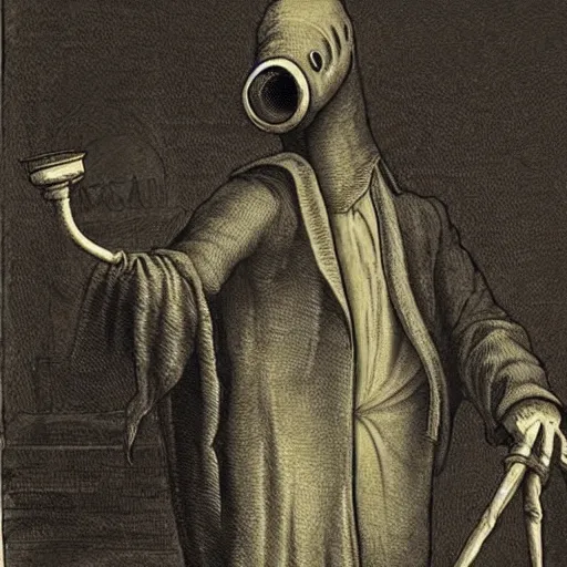 Image similar to anthropomorphic weevil dressed as a plague doctor