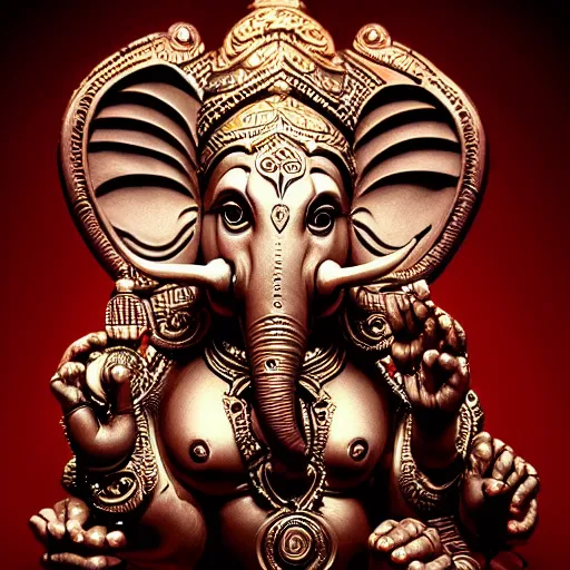 Image similar to biomechanical Ganesha , hyper-realistic futuristic portrait, intricate details, fantasy character, supersharp, hypermaximalist, dramatic lighting, hajime sorayama, Indian god, Ganesha, ganapati, vinayak, futuristic portrait photorealistic Ganesha