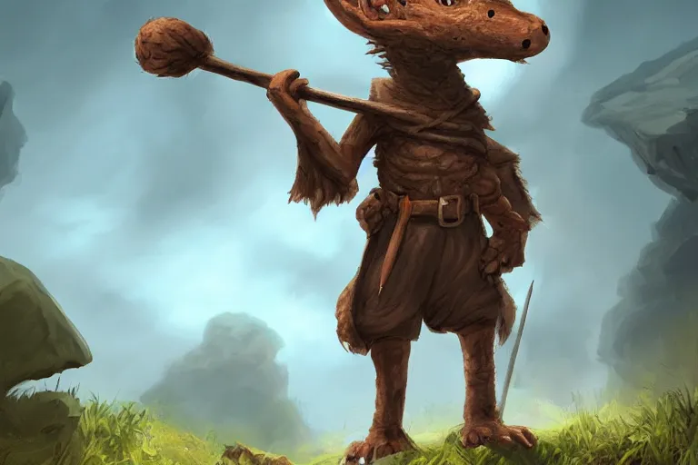 Prompt: a lone d & d kobold, traveling long dirt road, carrying a hobo stick over its shoulder, fantasy setting, 4 k, digital art