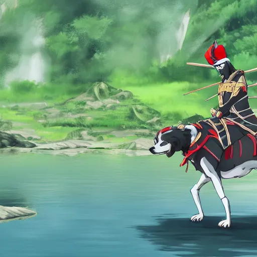 Prompt: doge wearing samurai armor training in the river behind a nice mountain, anime style, 4k