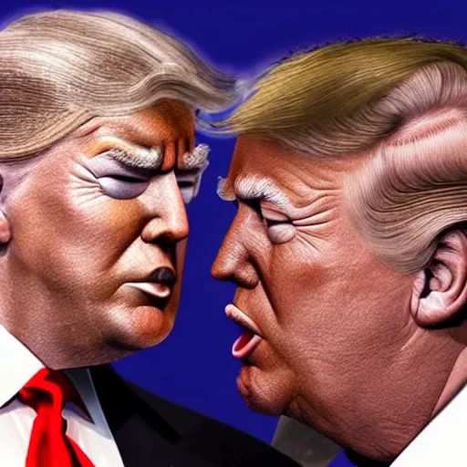 Image similar to joe biden and donald trump kissing, 2 0 2 4 presidential debate, photorealistic rendering. artstation, 4 k, hyperrealism