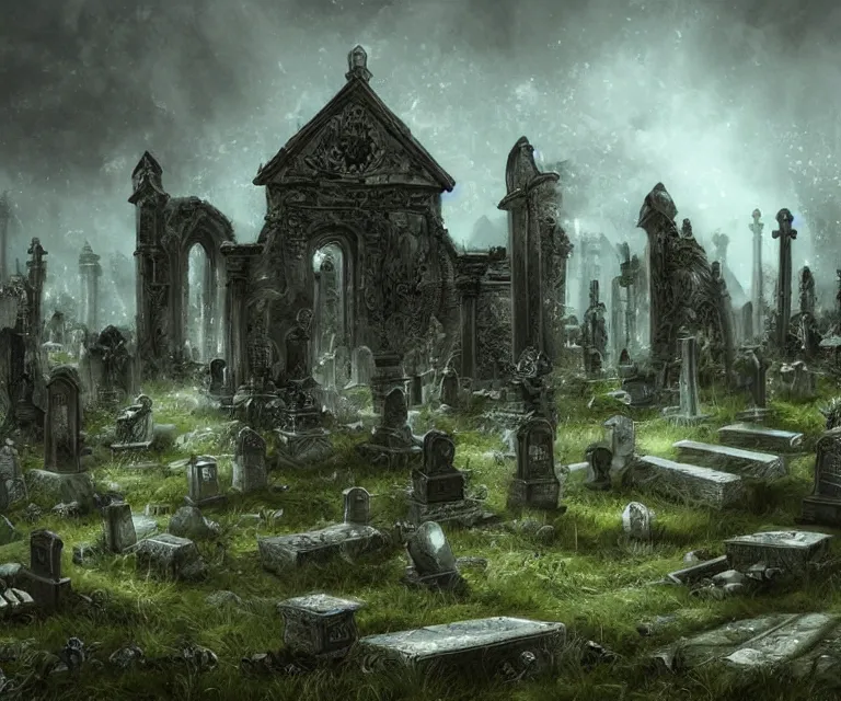 Image similar to a city of tombs and tombstones, graveyard landscape, inhabited by flying spirits, ghostly spirits, giant grave structures, giant tomb structures, dark fantasy, digital art, fantasy art