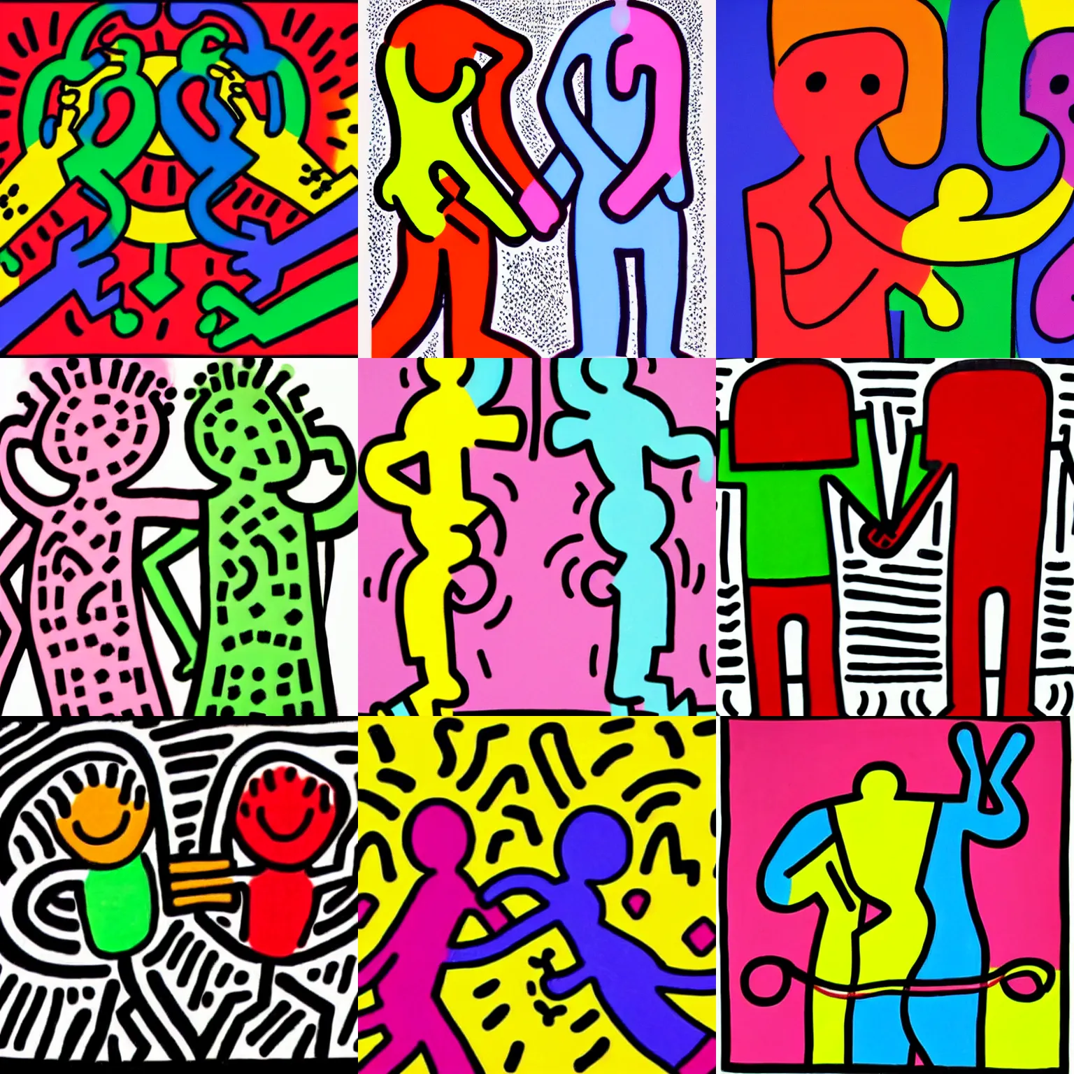 Prompt: 2 gay men holding hand by keith haring. fully clothed. colorful hd