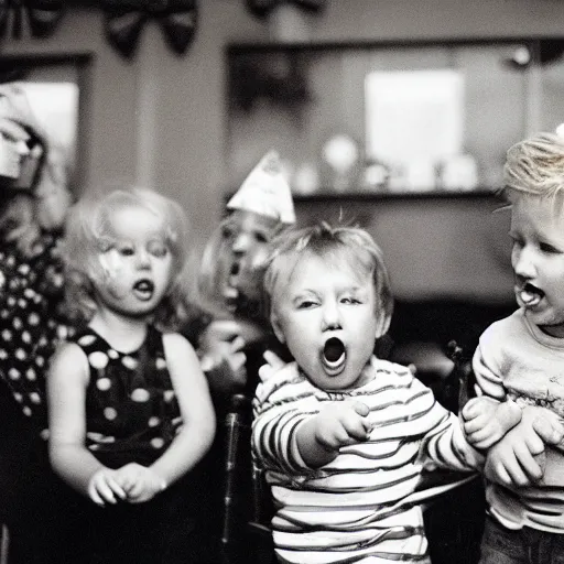 Image similar to Donald Trump as a toddler at a birthday party having a tantrum, 35mm film