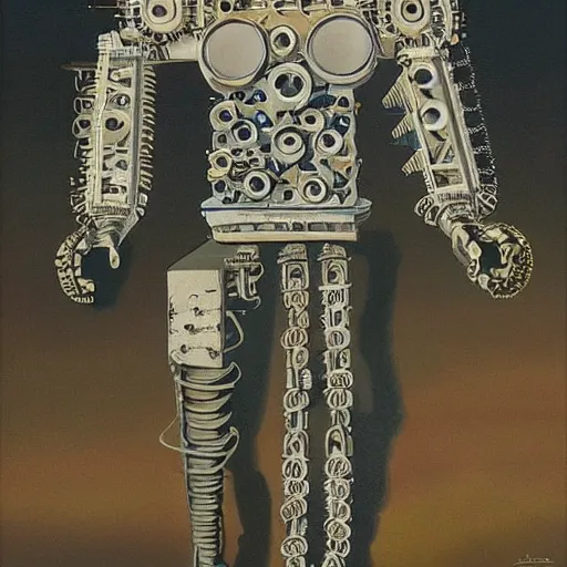 Image similar to a highly detailed retro futuristic robot with gears and other mechanical parts made out of pasta going for a walk outside, a robot made out of pasta, painting by Jim Burns