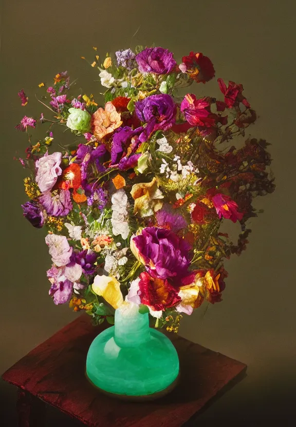 Image similar to a floral bouquet made out of gemstone crystals, in an elaborate jade vase sitting in a gloomy candlelit cabin under a narrow spotlight, hyperrealism, shot on film