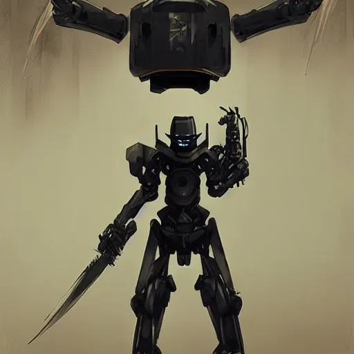 Prompt: a villan robot holding a powerful weapon, hyperrealistic, trending on art station, greg rutkowski