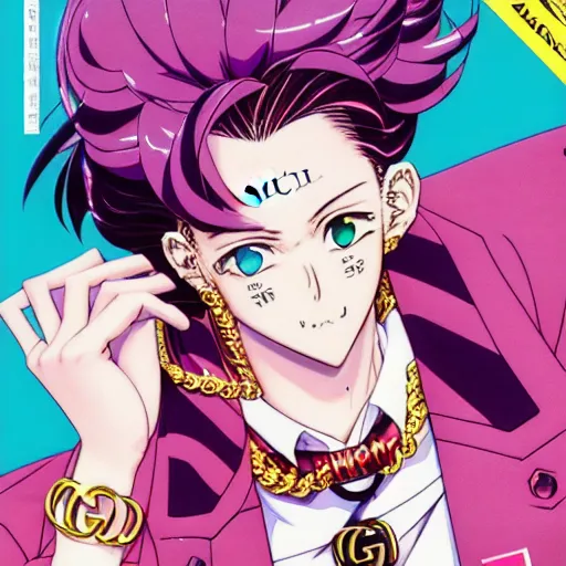 Image similar to 1993 Magazine Cover Anime key visual of a Gucci girl; official media; typography; drawn by Hirohiko Araki; Jojo's Bizarre Adventure; Jojolion, portrait, made by Stanley Artgerm Lau, WLOP, Rossdraws, James Jean, Andrei Riabovitchev, Marc Simonetti, Yoshitaka Amano, ArtStation