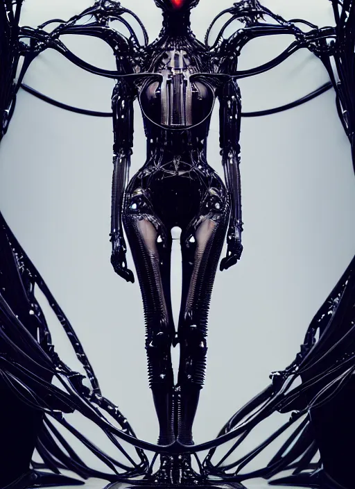 Image similar to catwalk, iris van herpen gothic inflateble dark dress, perfect symmetrical body, helmet on face, full body shot, inflateble shapes, wires, tubes, veins, jellyfish, white biomechanical details, wearing epic bionic cyborg implants, masterpiece, intricate, biopunk, vogue, highly detailed, artstation, concept art, cyberpunk, octane render