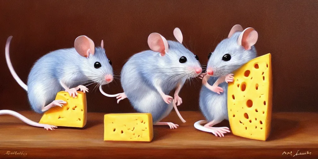 Image similar to beautiful painting of several cartoon mice eating a cartoon block of cheese; oil painting, masterpiece, extremely highly detailed; ultra realistic; trending on artstation