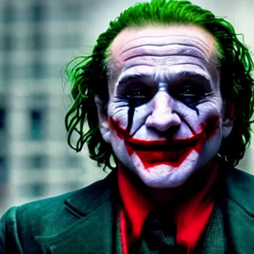 Image similar to stunning awe inspiring ( robin williams ) as the joker 8 k hdr movie still atmospheric lighting