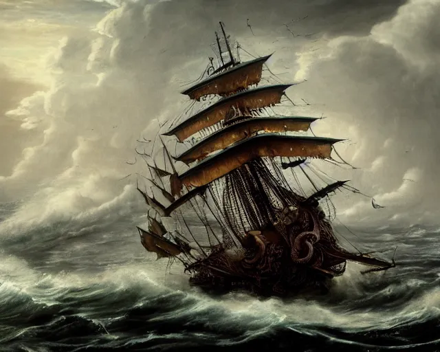 Prompt: a 16th century galleon warship being attacked by the kraken with huge octopus tentacles on the dark, stormy seas with huge waves. The air is full of cannon fire and smoke. hyperealistic, intricate detail, 8k, cinematic, trending on artstation