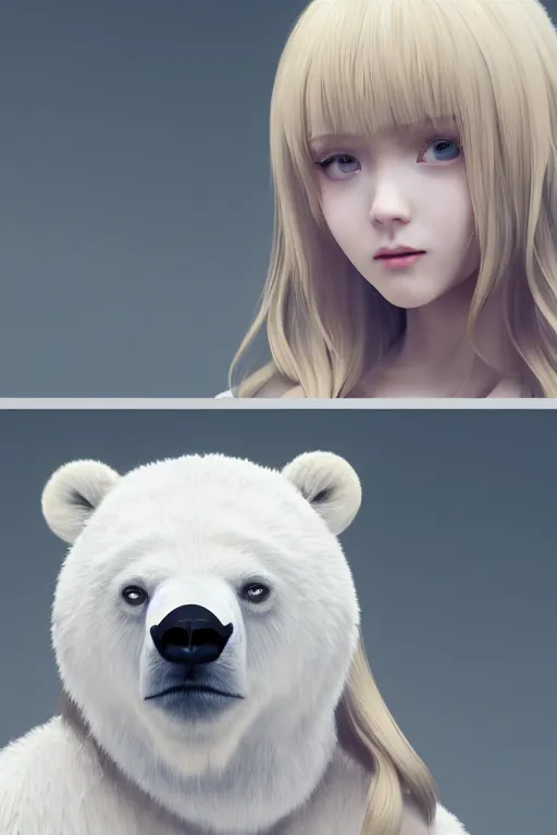 Image similar to complicated dynamic composition,realistic style at CGSociety by WLOP,ilya kuvshinov,krenz cushart ,Greg Rutkowski, trending on artstation. Zbrush sculpt colored, Octane render in Maya and Houdini VFX,realistic close-up face of cute young blonde girl, wearing a polar bear costume, deep eyes, Amazing textured brush strokes, studio lighting.