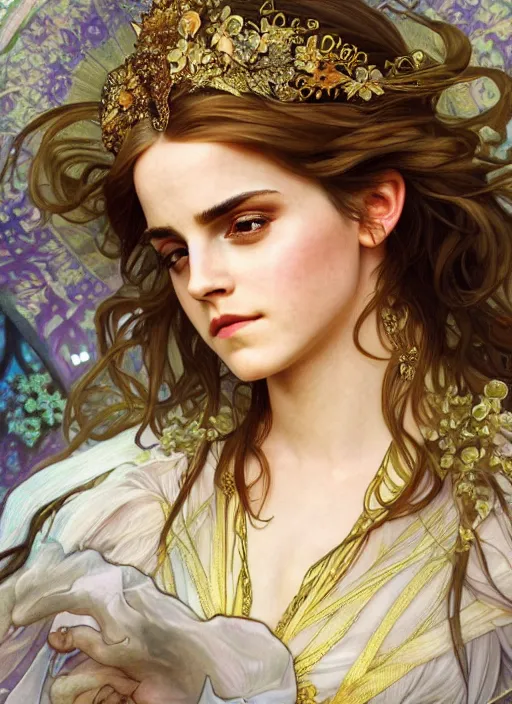 Image similar to Emma Watson as Godness of Love, cute, fantasy, intricate, elegant, highly detailed, digital painting, 4k, HDR, concept art, smooth, sharp focus, illustration, art by alphonse mucha,artgerm, H R Giger, beautiful detailed intricate insanely detailed octane render, 8K artistic photography, photorealistic,