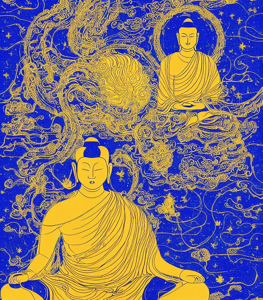 Prompt: a beautiful lineart painting of who buddhas meditating on a big cliff gazing into the universe, 4 k, high resolution, symmetrical lines, blue and gold color scheme, golden ratio