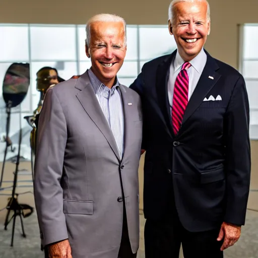 Image similar to A portrait photo of joe biden teams up with a teenage joe biden, perfect faces, 50 mm, award winning photography