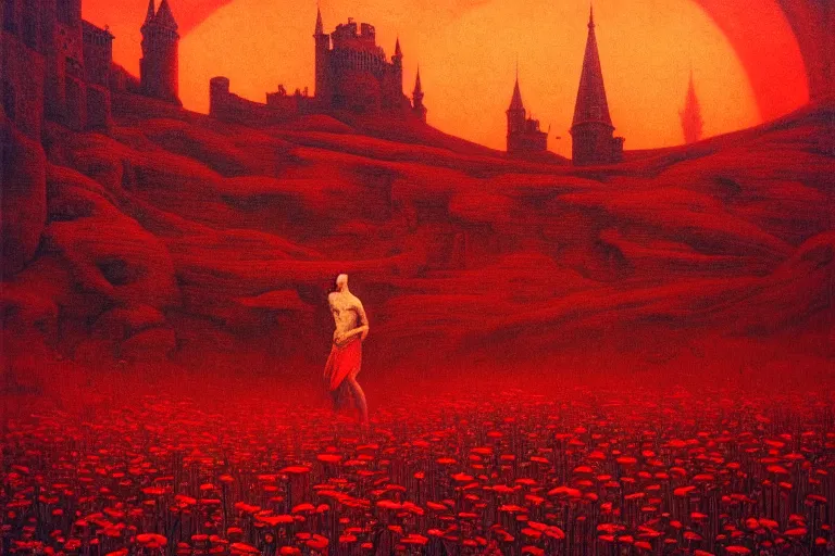 Image similar to only with red, red flowers, a crimson tiger, a castle in the background, medieval demons speak with people, an ancient path, in the style of beksinski, part by hopper, part by rodcenko, part by hofbauer, intricate composition, red by caravaggio, insanely quality, highly detailed, masterpiece, red light, artstation