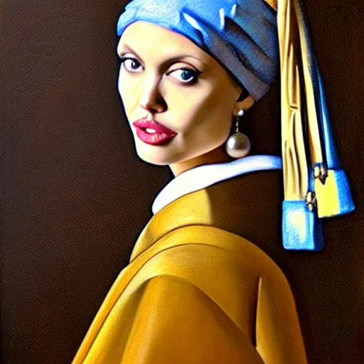 Image similar to a beautiful oil painting of angelina jolie as the girl with a pearl earring
