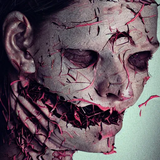 Image similar to face shredded like paper as skin peeling scream, dark, surreal, illustration, realistic horror