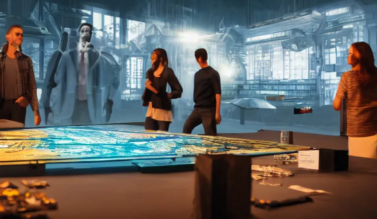 Image similar to group of people in simple warehouse, looking at hologram of futuristic city on a table, cinematic concept art, godrays, golden hour, natural sunlight, 4 k, clear details, tabletop model buildings, center model buildings, hologram center, crane shot, crane shot, crane shot