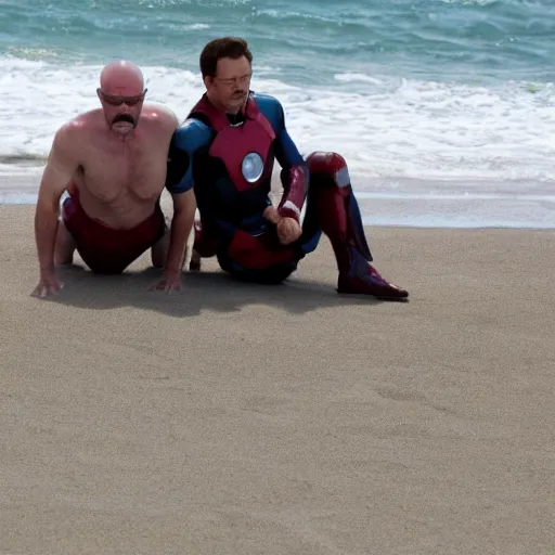 Image similar to walter white and ironman sitting on the beach