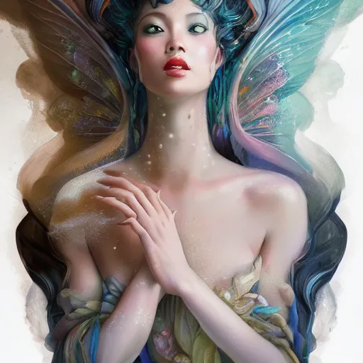 Prompt: prompt portrait of a close up beautiful female fairy, translucent silky dress, fluid simulation, underwater ink env, wispy gigantic wings, hyperrealistic intricate details, asian face, by peter mohrbacher, trending on artstation