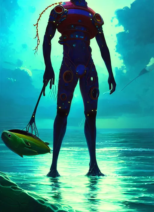 Prompt: portrait of a jamaican fisherman sci - fi glowing fishing armor muscular cyberpunk intricate elegant highly detailed digital painting artstation concept art, ocean background, jamaican colors, cinematic, greg rutkowski, loish, rhads, ferdinand knab, makoto shinkai and lois van baarle, ilya kuvshinov, rossdraws, tom bagshaw