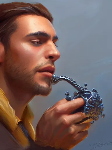 Image similar to a young handsome guy, drinking shopp. intricate, elegant, highly detailed, digital painting, artstation, concept art, sharp focus, illustration, by justin gerard and artgerm, 8 k