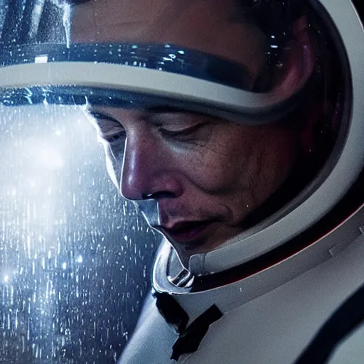 Prompt: elon musk in a spaceship, movie still, cinematic, photorealistic, extreme detail, facial features, sharp focus, 8 k, rain, close up, anamorphic lens, lighting, dark