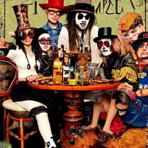 Image similar to steampunk kid rock at thanksgiving dinner with a group of juggalos, in the style of norman rockwell,